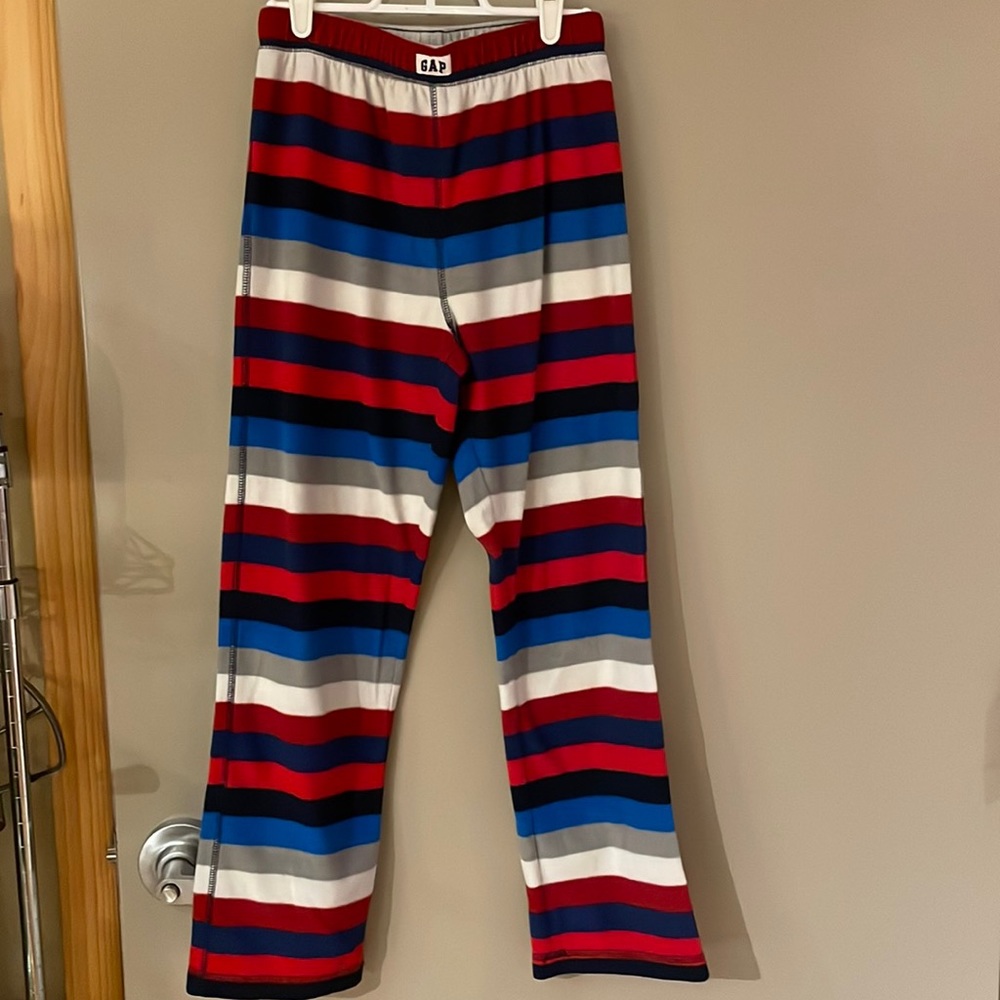 Gap, boys fleece pj bottoms, striped red, blue, white, gray and black, size 14